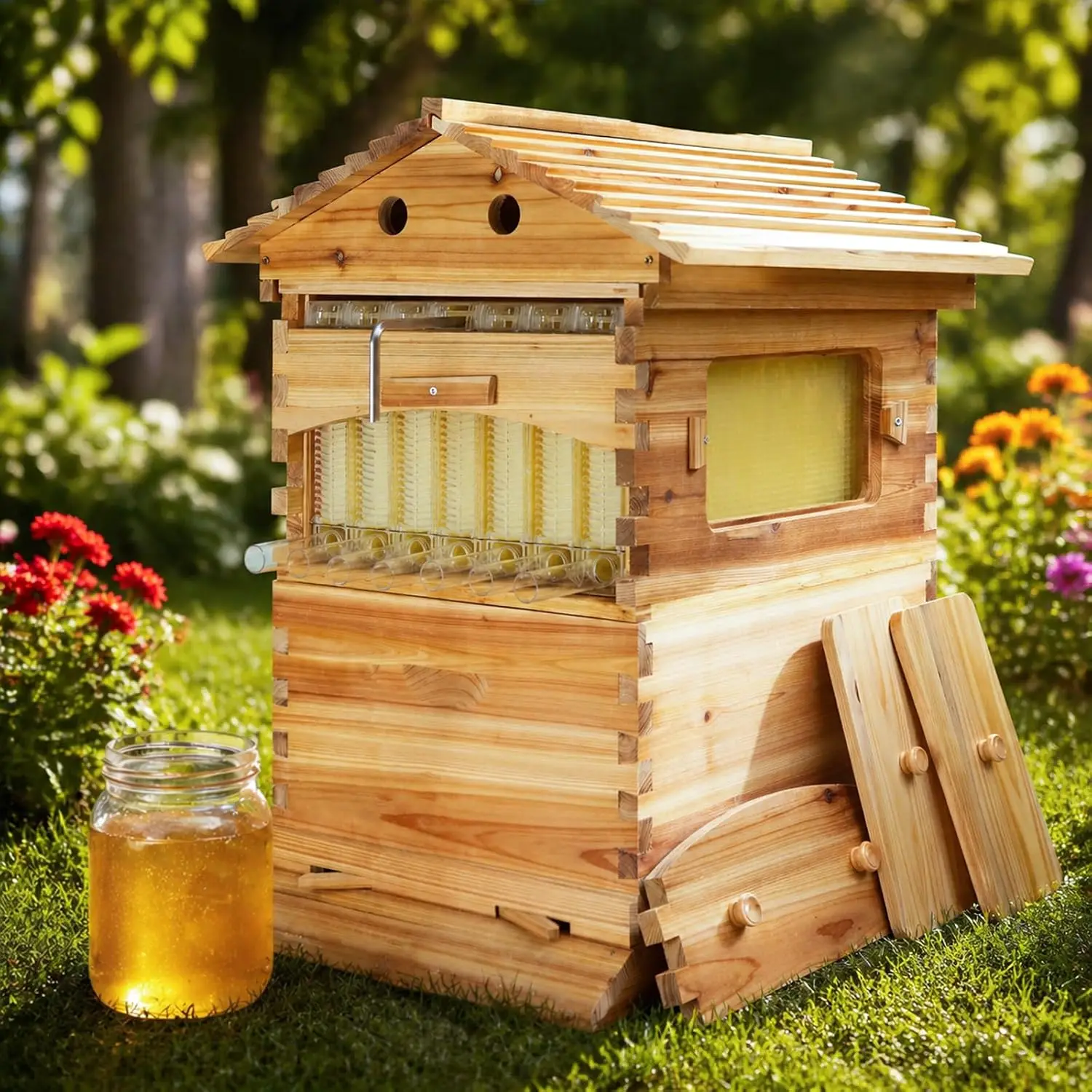 Bee hive,Starter Kit Include 7 Auto Frame Natural Wood Bee Hives Boxes