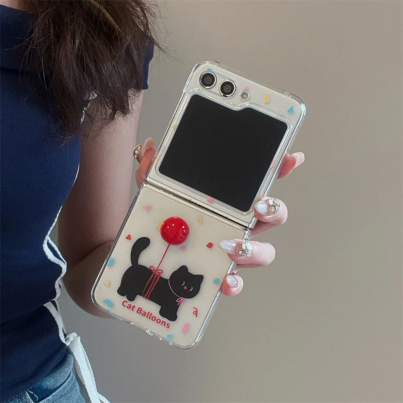 Clear Cute Cat Phone Case For Samsung Galaxy Z Flip 6 5 4 3 Cover with Hand Rope Strap Cartoon Hard Cases For Z Flip5 Flip4 5G