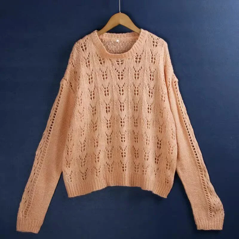 

Pink Large Size Knitted Sweater Hollow out round Neck Patterned Long Sleeve Autumn Fashion Women's Knitwear Dream Haunt