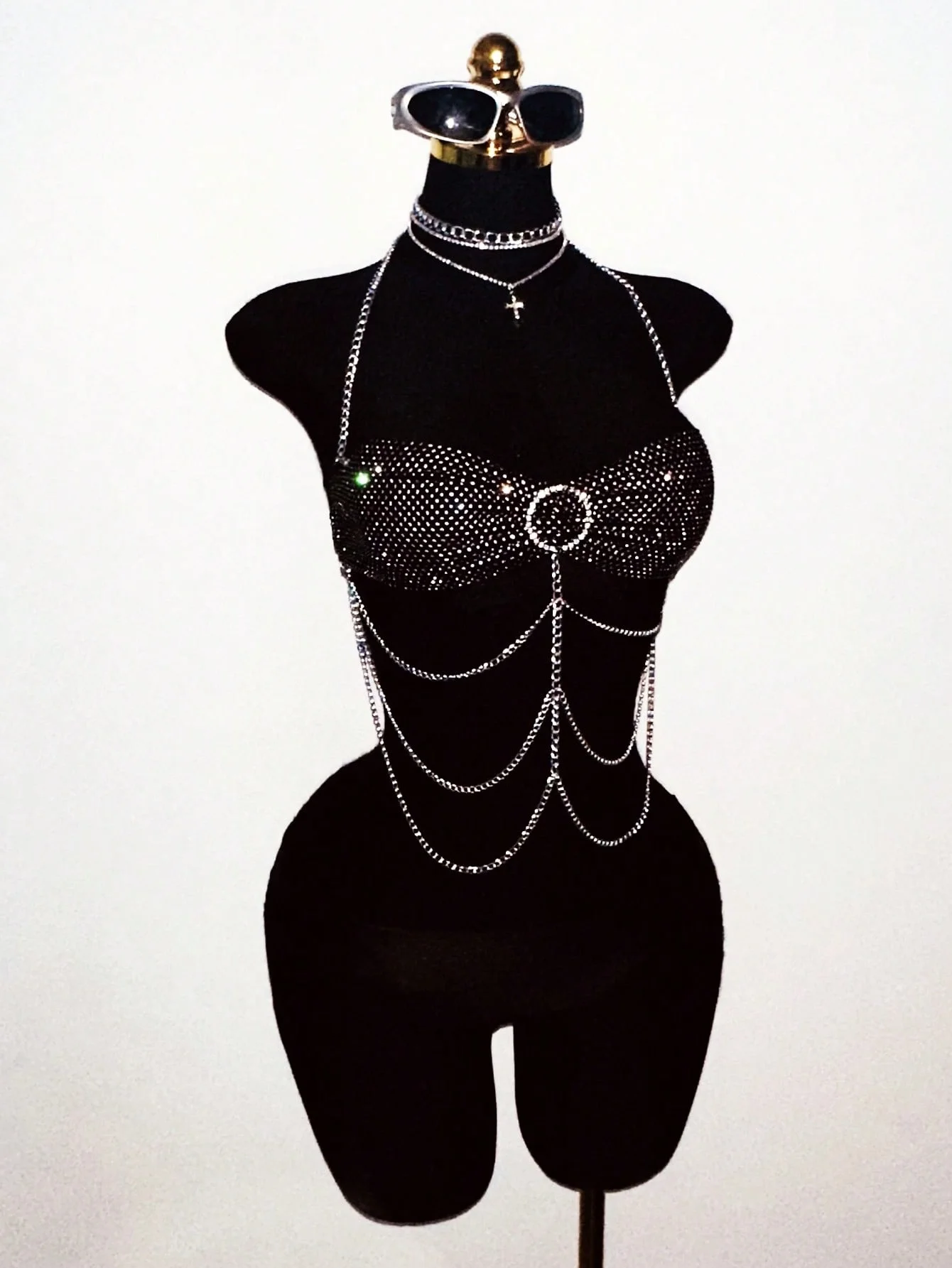 Women Sexy Black Rhinestone Fishnet Halter Crop Top Sparkle Crystal Mesh Backless Party Club Rave Outfit Festival Nightclub