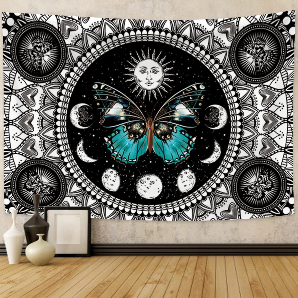 Psychedelic Butterfly Moth Tapestry Wall Hanging Mandala Bohemian Hippie Floral Witchcraft Divination Decor Blanket Background