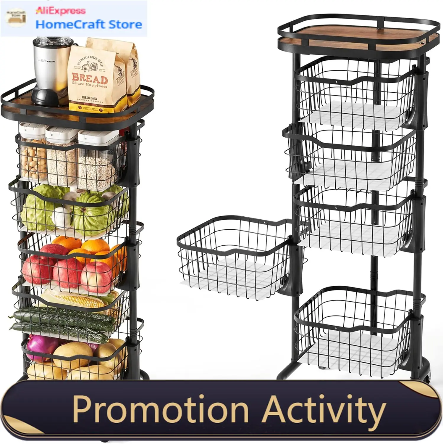 

Five Tier Black Kitchen Vegetable Fruit Storage Cart One Piece Rotating Basket Pantry Organizer Shelf Floor Stand Produce Onion