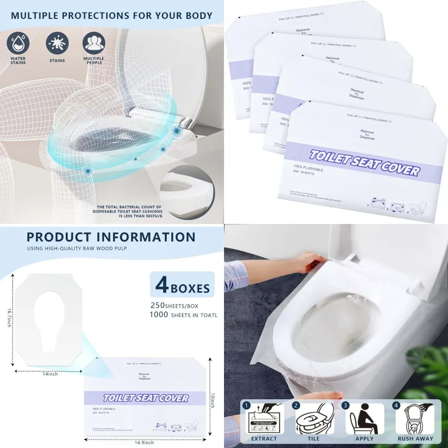 

4 упаковки, 1000 шт., одноразовые смывные чехлы на сиденья для унитаза для использования в ванной комнате в отеле, для путешествий и взрослых, удобные и гигиенические