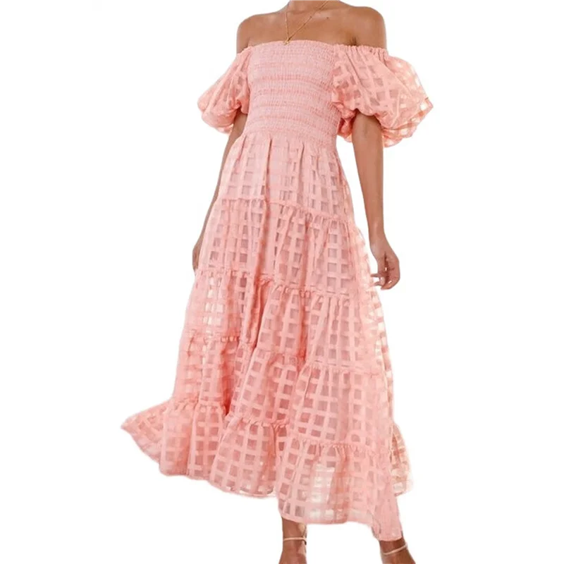 A83F-Vestiti lunghi maxi da donna a maniche corte gonfie con scollo quadrato e smock a strati