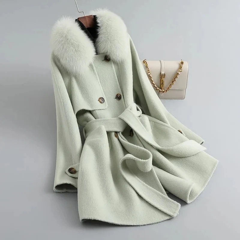 Double-Sided Alpaca Jacket Women's Overcoat 2024 Autumn Winter New Fox Fur Collar Long Loose Imitation Wool Windbreakers Coat