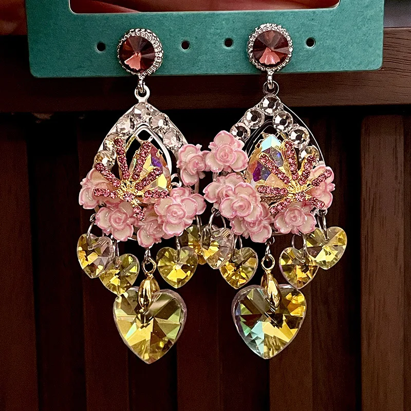 

Colorful Flower Love Tassel Earrings Sweet Ins Style Earrings High-end Sakura Blossom Crystal Earrings