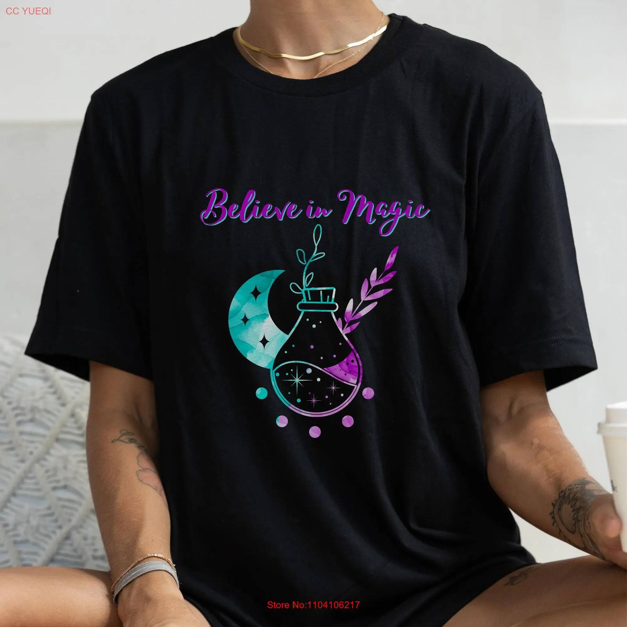 Believe in Magic T Shirt Crescent Moon Potion Witch Magical Witchy Practicing Stars Phases long or short sleeves