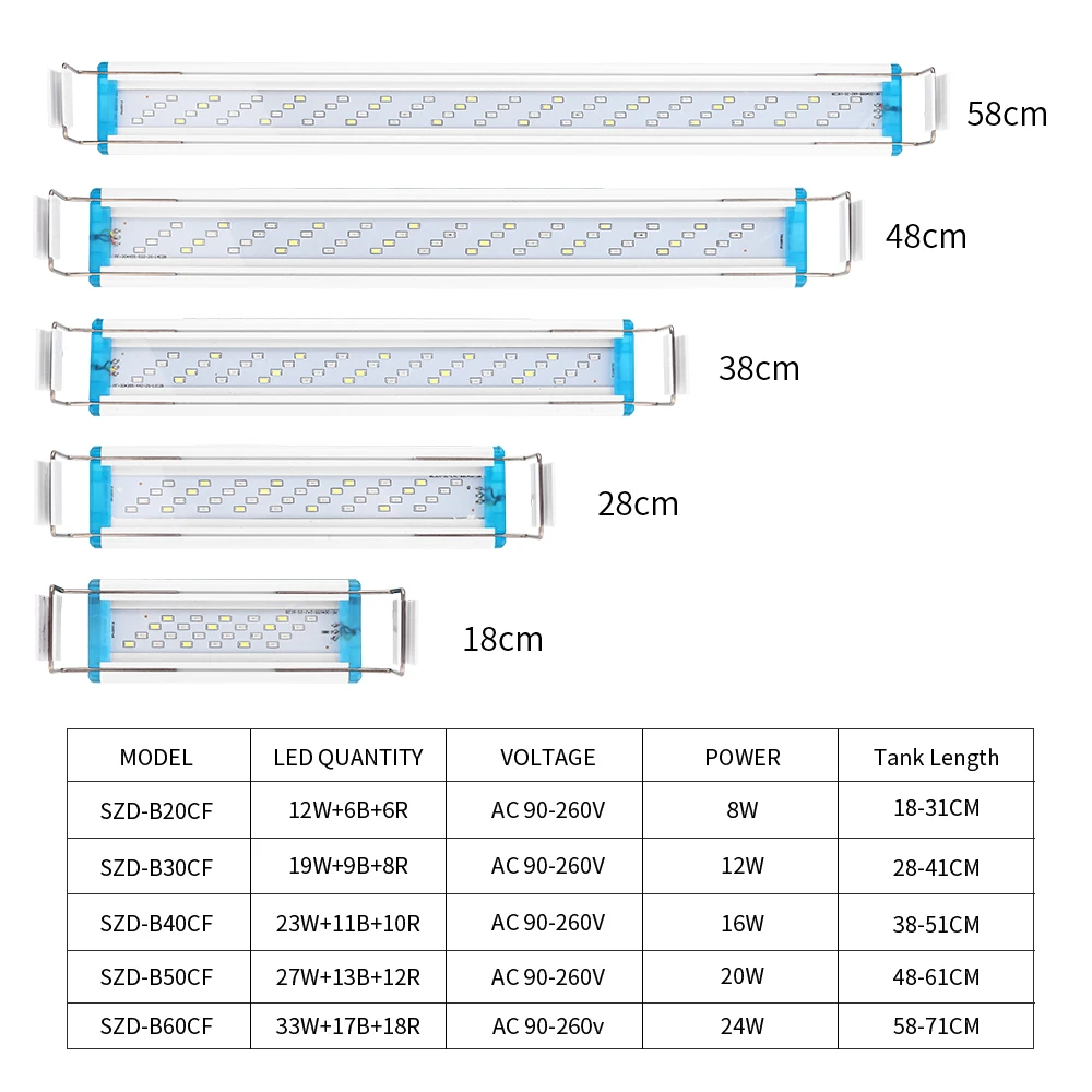 Super Slim LED Aquarium Lighting, Aquatic Plant Light, Extensible, Waterproof Clip on Lamp for Fish Tank, 90-260V, 18-75cm