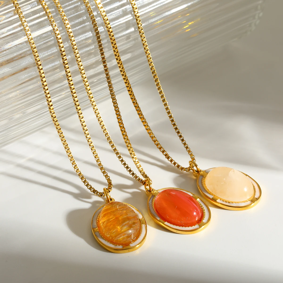 

Elegant Oval Natural Stone Pendant Necklace For Women Stainless Steel Box Chain Necklaces Fashion Jewelry Birthday Party Gifts