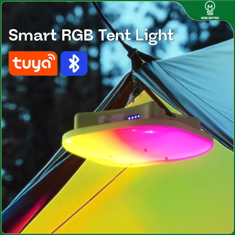 MOSLIGHTING فانوس التخييم القابلة لإعادة الشحن LED مصباح يدوي محمول بلوتوث التحكم بواسطة Tuya APP مزامنة الموسيقى RGB مصباح خيمة خارجي
