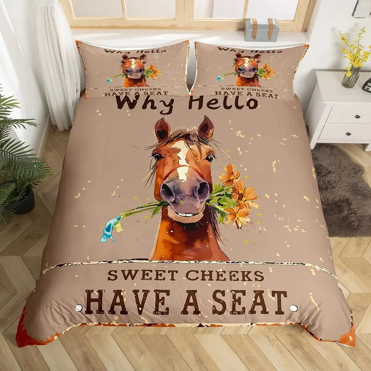 Cartoon Horse Duvet Cover King Queen Galloping Horse Comforter Cover Golden Stars Bedding Set Lovely Animal Decor Quilt Cover