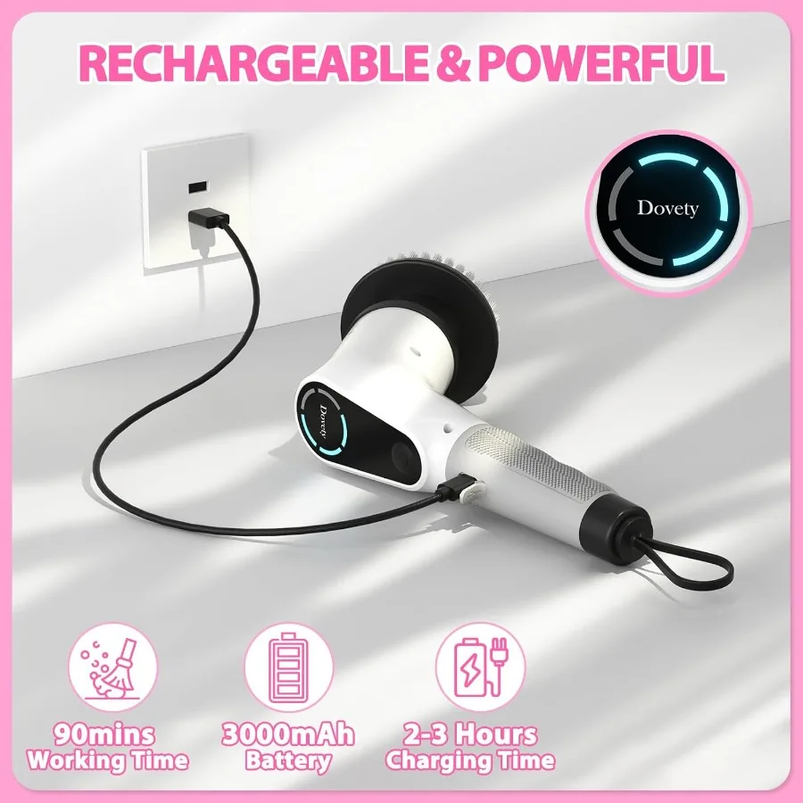 Purificador giratório elétrico sem fio com 8 cabeças de escova substituíveis para limpeza eficiente em banheiros, cozinhas e azulejos ajustáveis