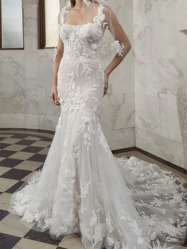 

Classic Appliquins Lace Sleeveless Pleat Mermaid Bride Wedding Dresses Bridal Gowns Customized