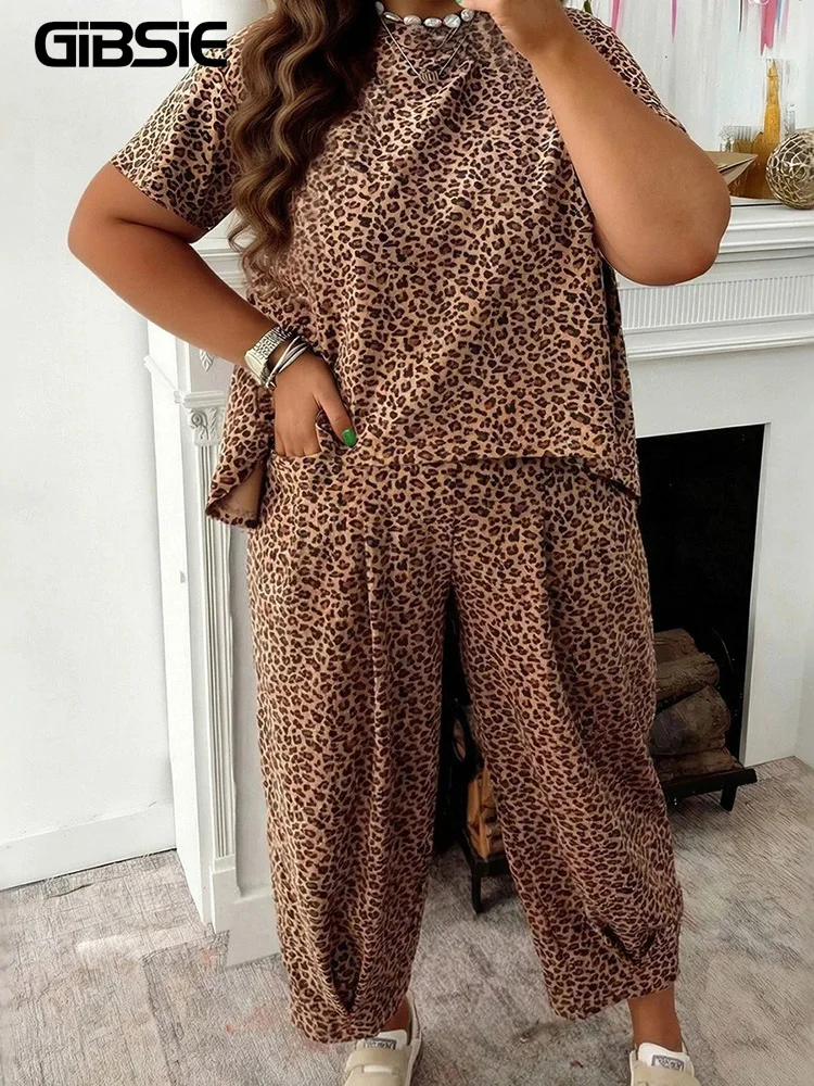 GIBSIE Plus Size Short Sleeve Two Piece Set Women Casual Leopard Print O-Neck T-Shirt and Drawstring Pants Summer Woman Outfit