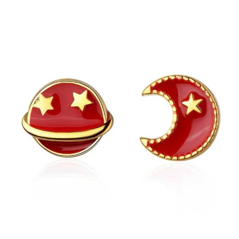 

New Fresh Red Moon And Star Asymmetric 925 Sterling Silver Jewelry Personality Planet Ball Epoxy Women Stud Earrings XZE052