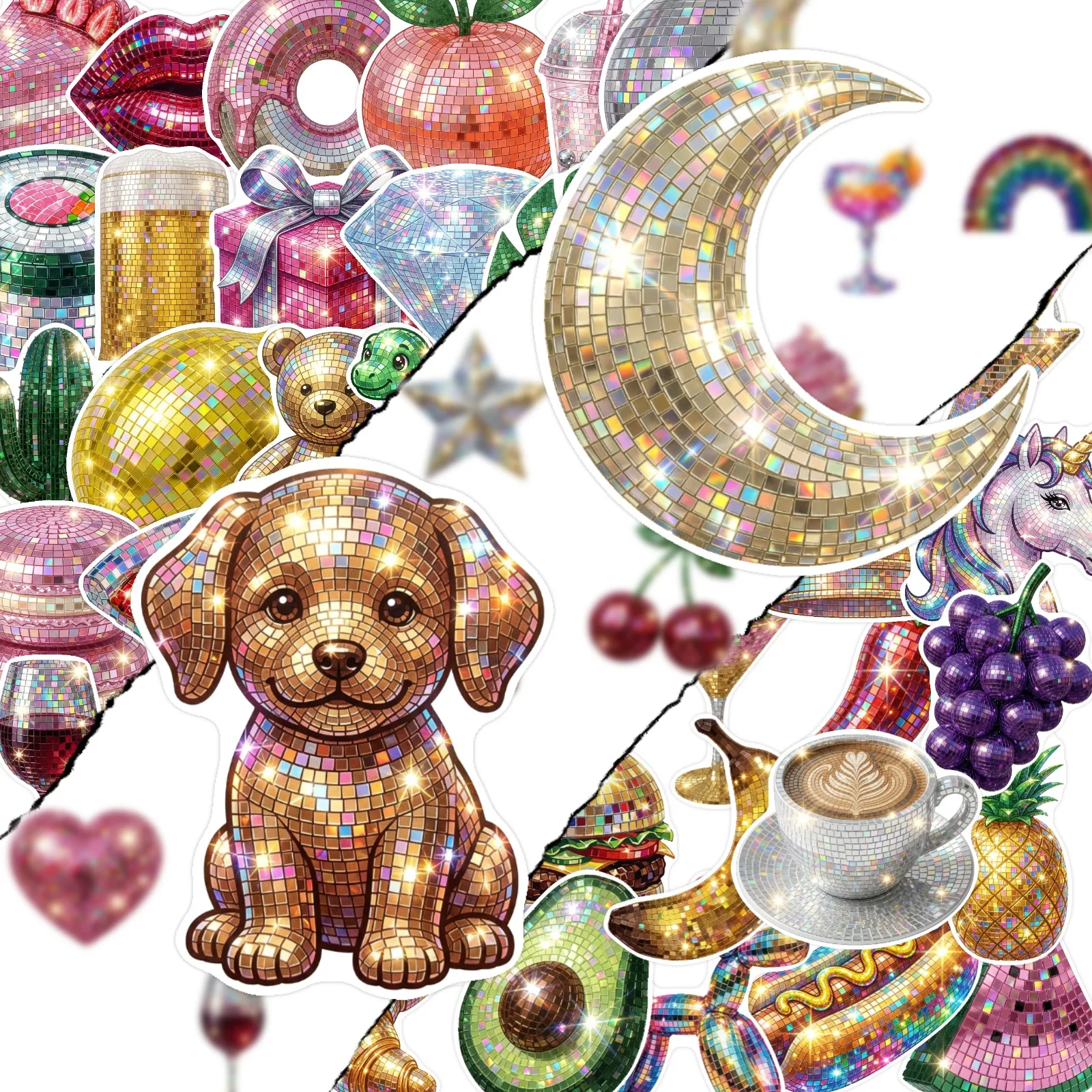 50Pcs Y2K Disco Mirror Stickers Retro Fruit Pet Animal Decals Scrapbook Stationery Waterproof Bottle Cute DIY Craft Decor Sets