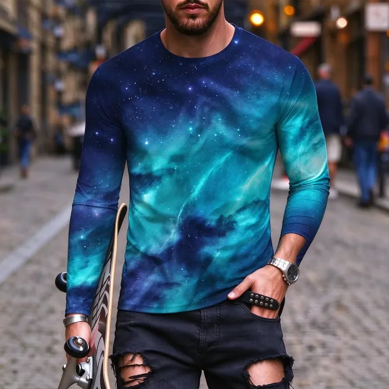 3D Printed Casual Long Sleeve Men's 3D Galaxy Nebula Print T Shirt Autumn Fashion Starry Sky Space Graphic Tees Streetwear