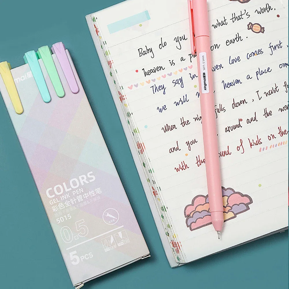 5Pcs/box Retro Kawaii Diverse Color Gel Pen Set 0.5mm Fine Tip Ballpoint Pen for Students To Write on School Stationery