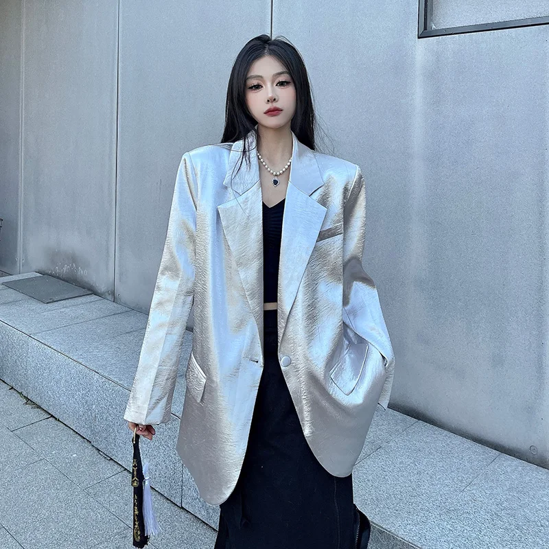 Women's Vintage Grey Office Ladies Blazer Jacket Korean Fashion Long Sleeve Suit Jacket Long Sleeve Outwear 90s 2000s Clothes