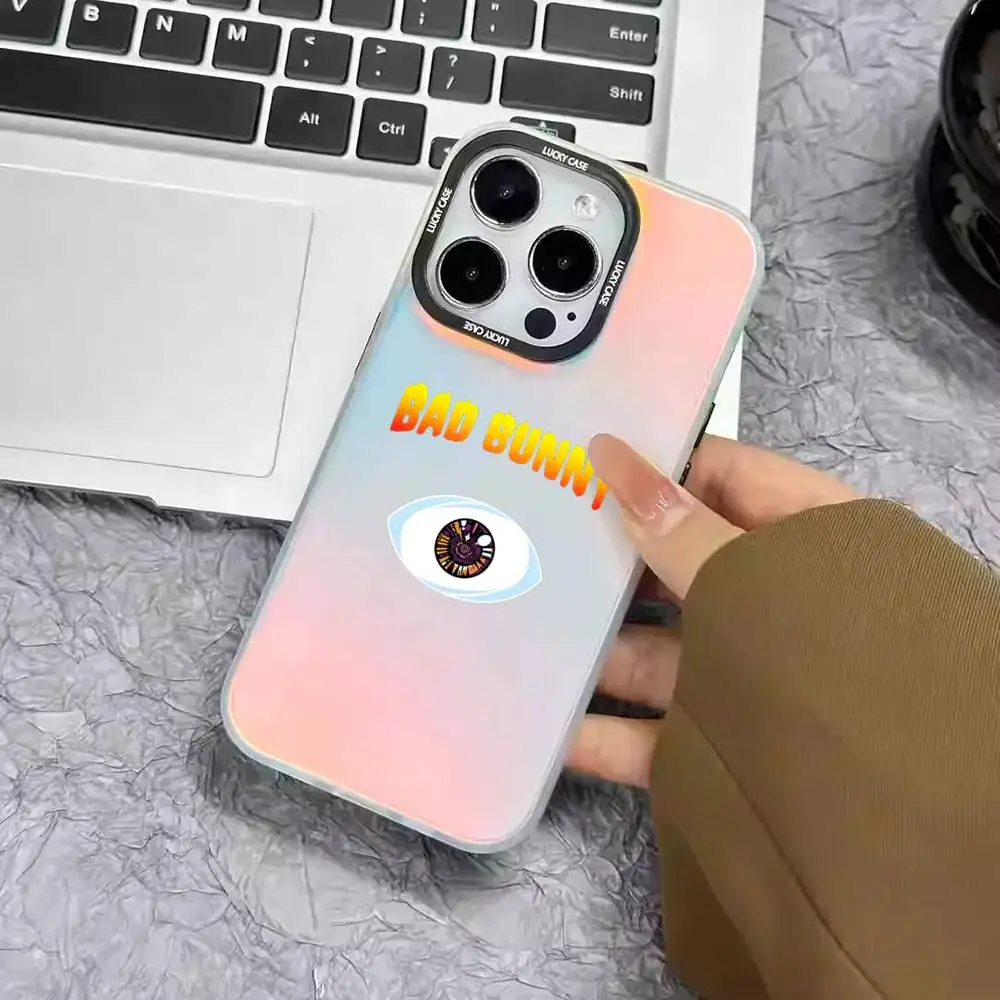 1 unidad b-bad b-bunny Love X100pre funda de teléfono láser IMD Color carcasa plateada para IPhone 17 16 15 14 13 12 11 Air Pro Max Plus