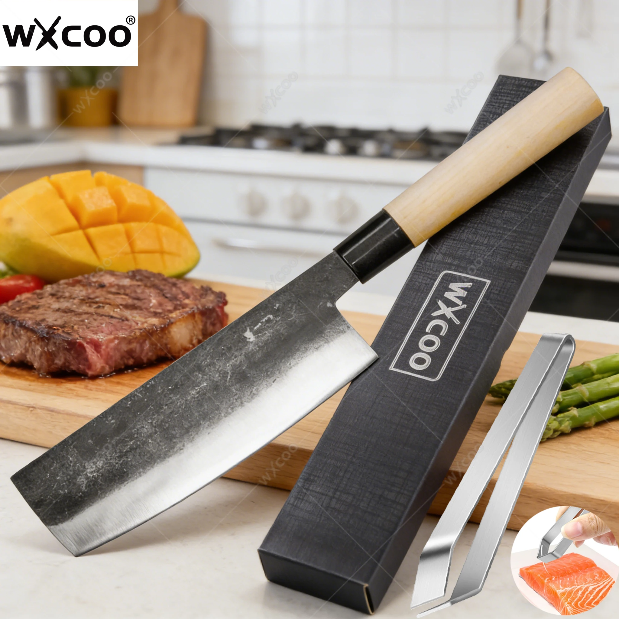 WXCOO 7.2 Inch Nakiri Knife 3-Layers Clad Steel Blade Slicing Vegetables Cleaver Meat Japanese Kitchen Knives Fish Sashimi Knife