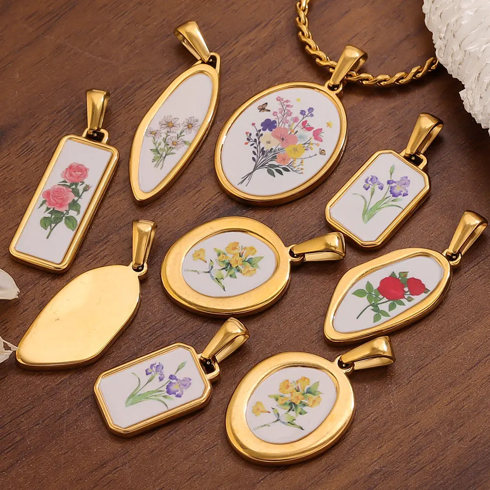 

2pcs Stainless Steel Enamel Rose Dried Flower Charms Irregular Round Pendant for DIY Necklace Jewelry Making Findings Wholesale
