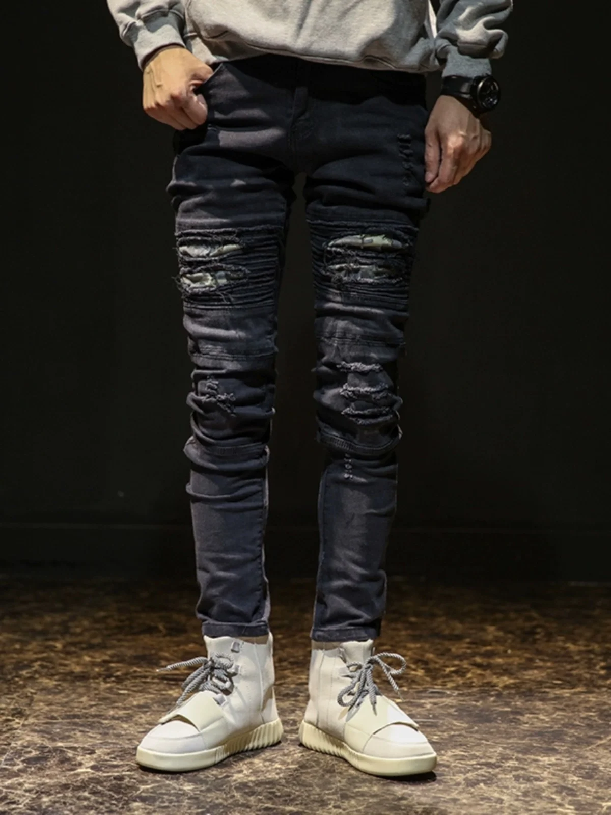 

Men's Elastic Denim Jeans Knee Hole Slim Fit Long Pants Casual Style Black Small Footed Pants High Street Trend Cotton Stretch