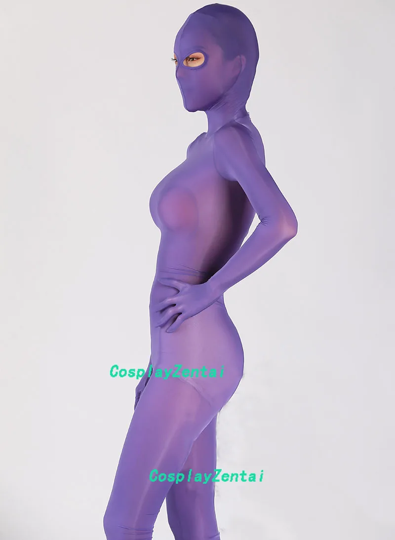 Fioletowe wysokiej jakości Spandex Zentai body z otwartymi oczami dziura kostiumy na Halloween gorąca wyprzedaż Zentai