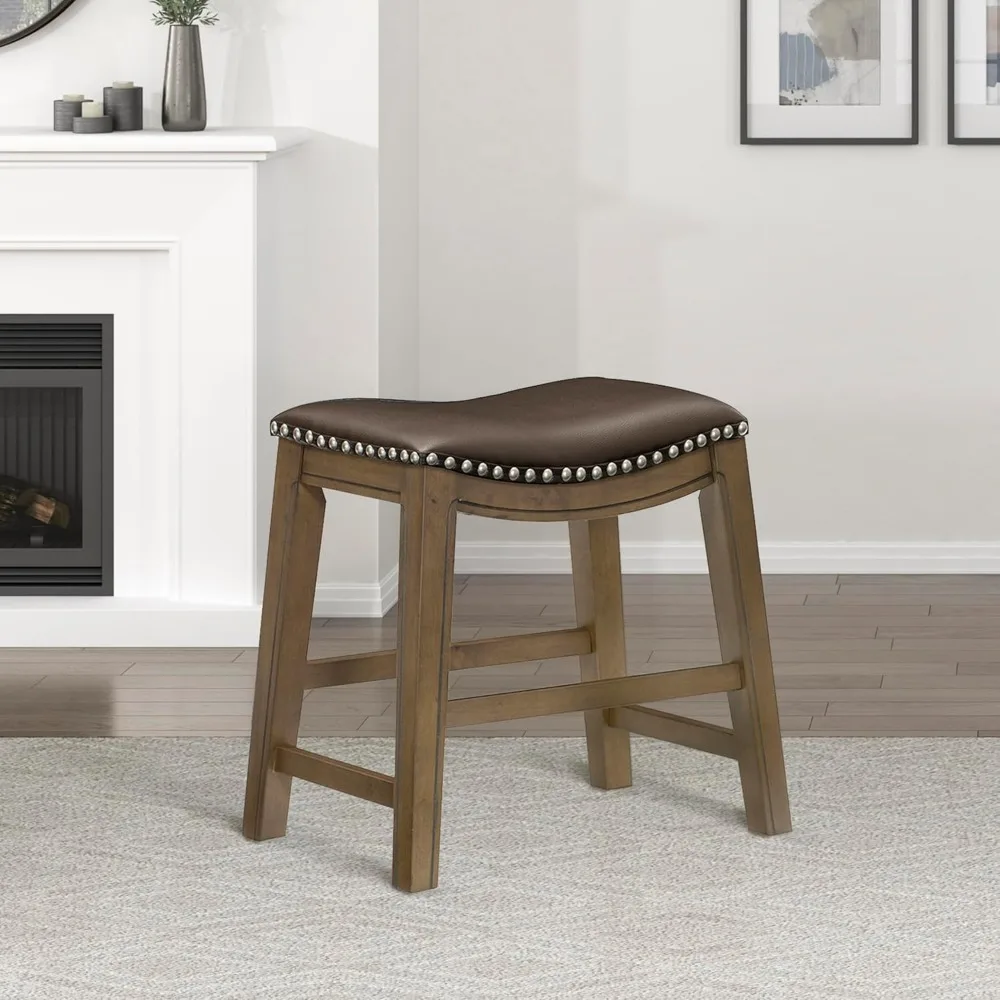 Taburetes de comedor de madera maciza: taburetes de bar de cocina con asiento en sillín, altura de 19", acabado marrón para espacios entretenimiento informales