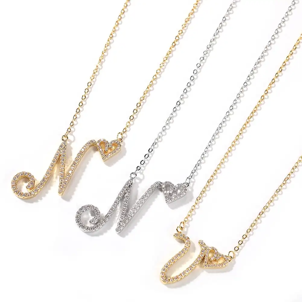 Personalized Script Initial Necklace Heart Letter Pendant Zircon Diamond 18K Gold Plated Custom Unique Jewelry Gift for Women
