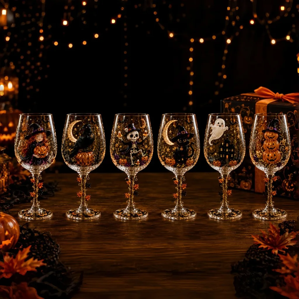Halloween Printed Stemmed Wine Glass, Spooky Themed Borosilicate Glass Goblet For Party Home Bar Drinkware