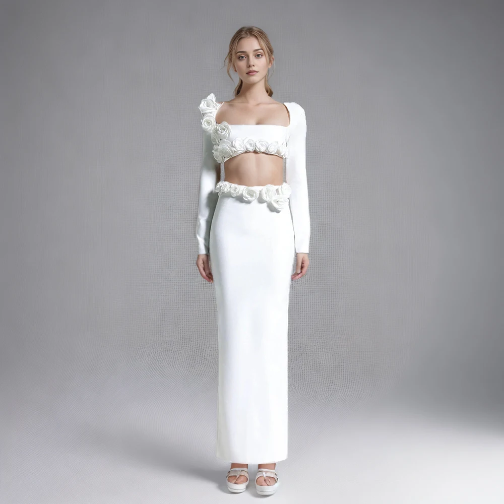 

Slim Spliced Appliques Women's Sets Square Collar Long Sleeve Crop Top High Waist Bodycon Skirt Summer Solid Set Female