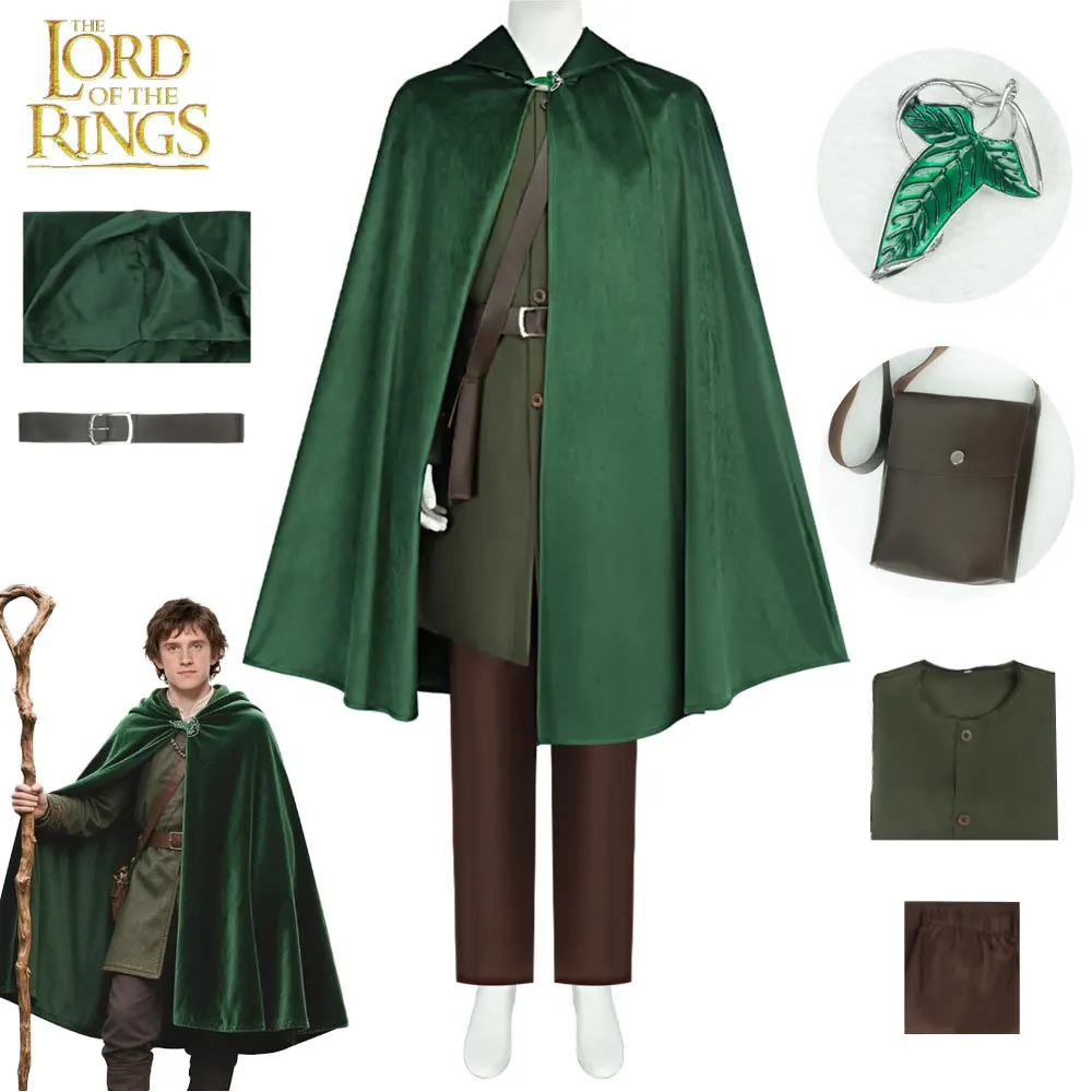 Hobbit Cosplay Costume Bilbo Baggins Medieval Cloak Renaissance Cloak Lord of The Rings Halloween Cape Vestment with Brooch