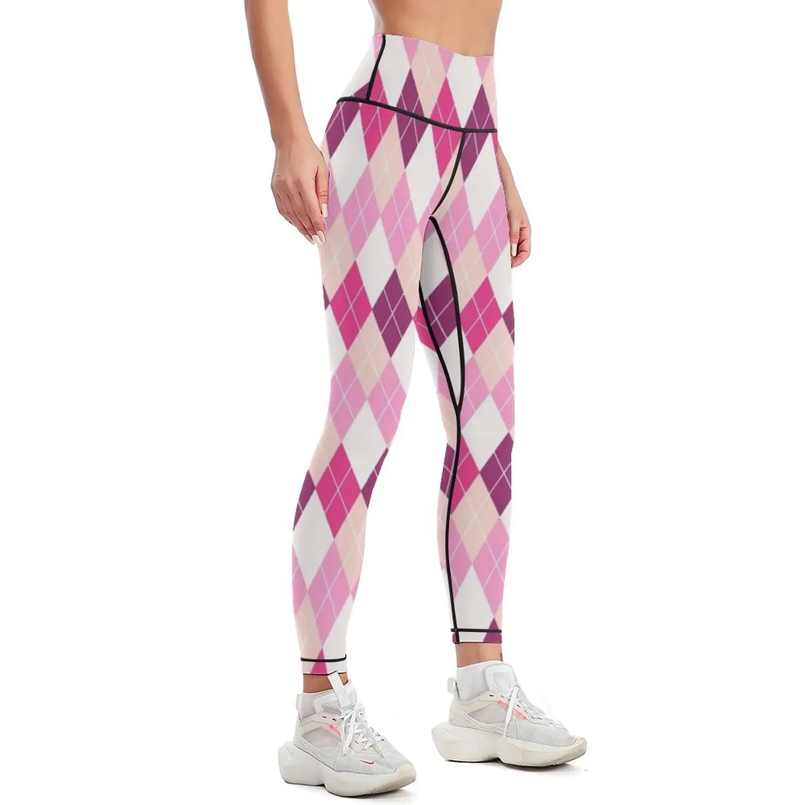 Pink and White Argyle Pattern Leggings Training pants Women's high waist Womens Leggings