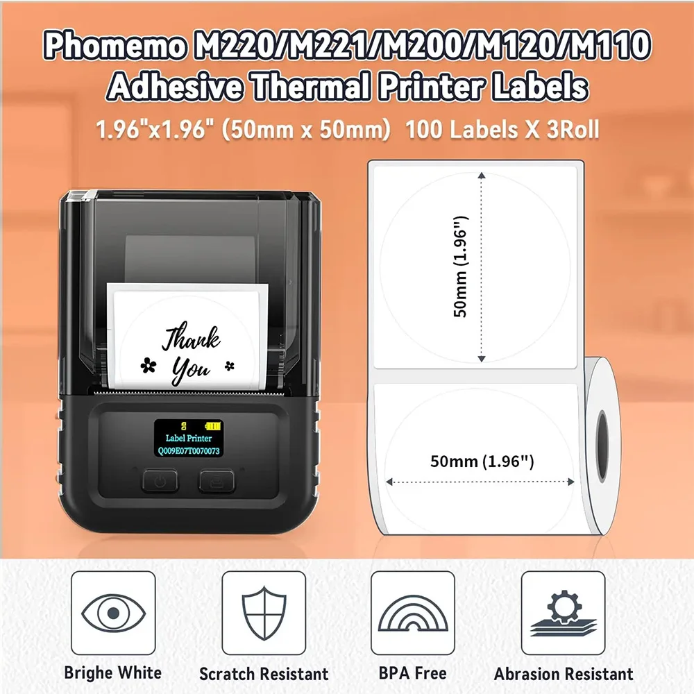 3 Rolls Phomemo Thermal Sticker Label Paper Multi-Purpose Self-Adhesive Tag for M110, M220, M120, M200, M221 Label Maker Machine