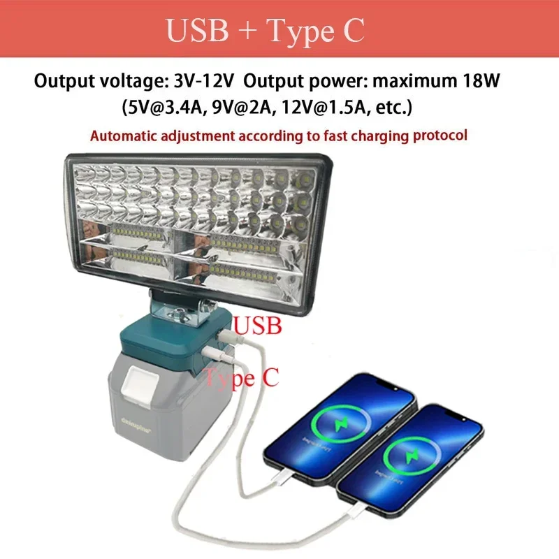 Car LED Working Lamp Light Flashlight Torch Spotlight Type C USB Power Bank For Makita Lomvum Zhipu Hongsong 18V Li-ion Battery