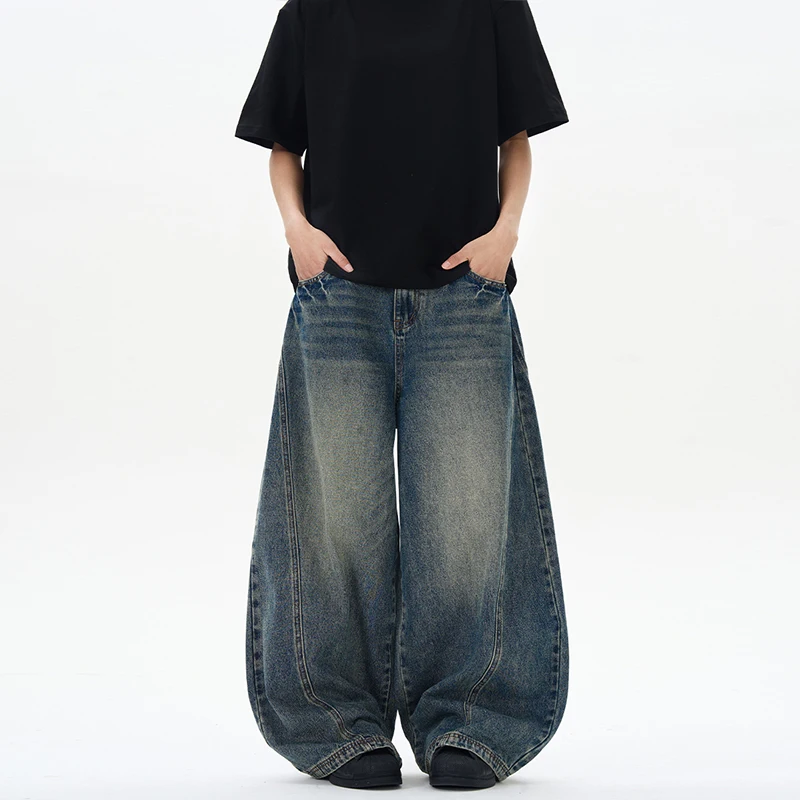 

Spring New Men's Jeans Oversized Wide Leg Pants Loose Vintage Patchwork Lightning Cracked Denim Trousers Streetwear Male