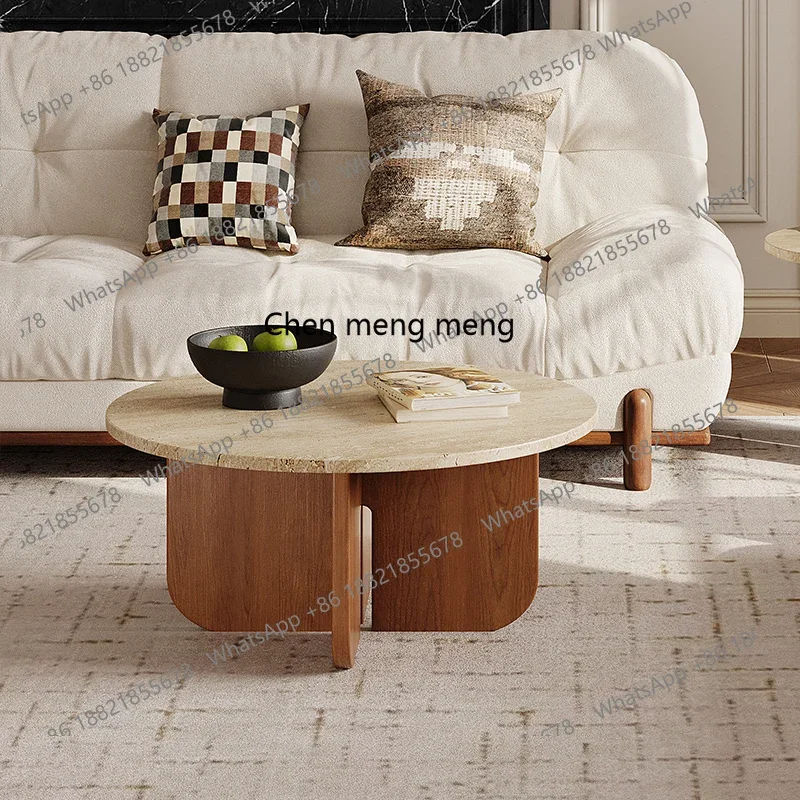 

X Solid wood travertine coffee table small apartment living room household small round table retro marble reception low table