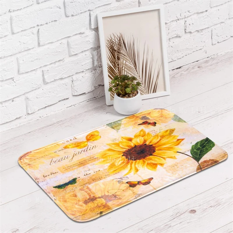 Colorful Star Sunflowers Non Slip Flannel Floor Rug For Home Yellow Machine Washable Carpet Bathroom Accessories Farmhouse Decor