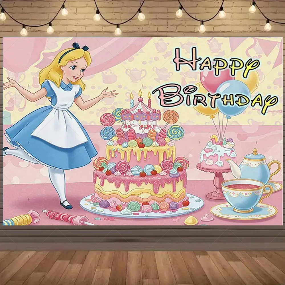 لافتة خلفية ديزني أليس في بلاد العجائب، زينة حفلات أعياد الميلاد للأطفال، مستلزمات استحمام الطفل، دعائم التقاط الصور #3