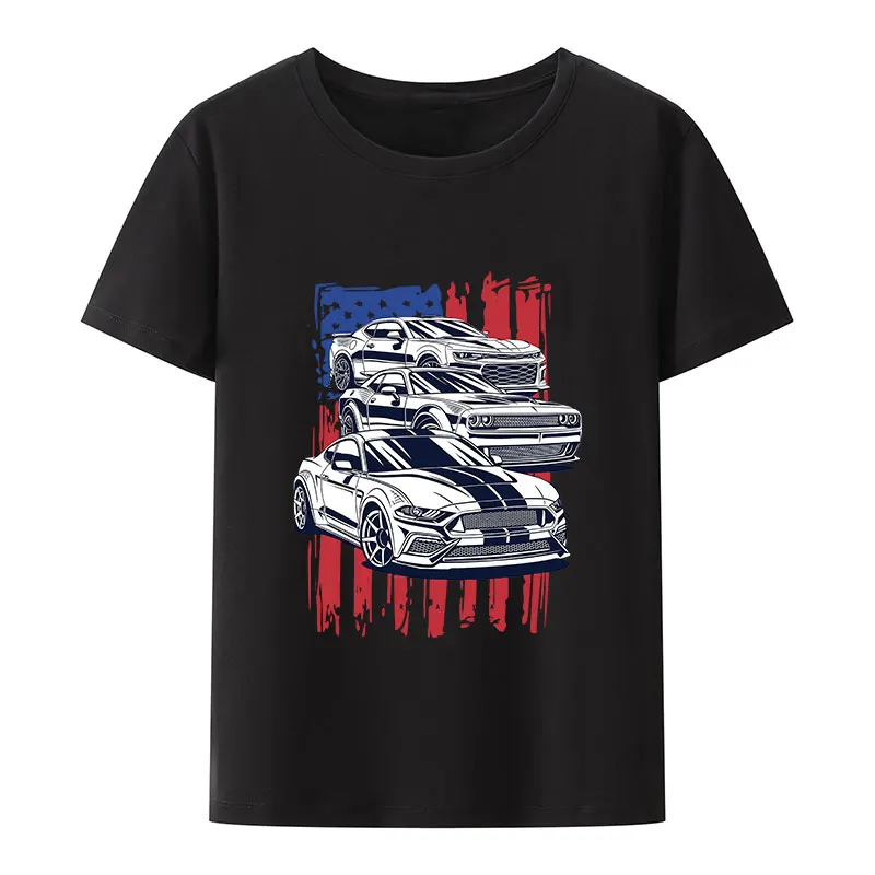 Mustang Camaro Challenger Car Print T-Shirt New Summer Men Short Sleeve American Crew Boy Casual White Tees Cool Tops for men