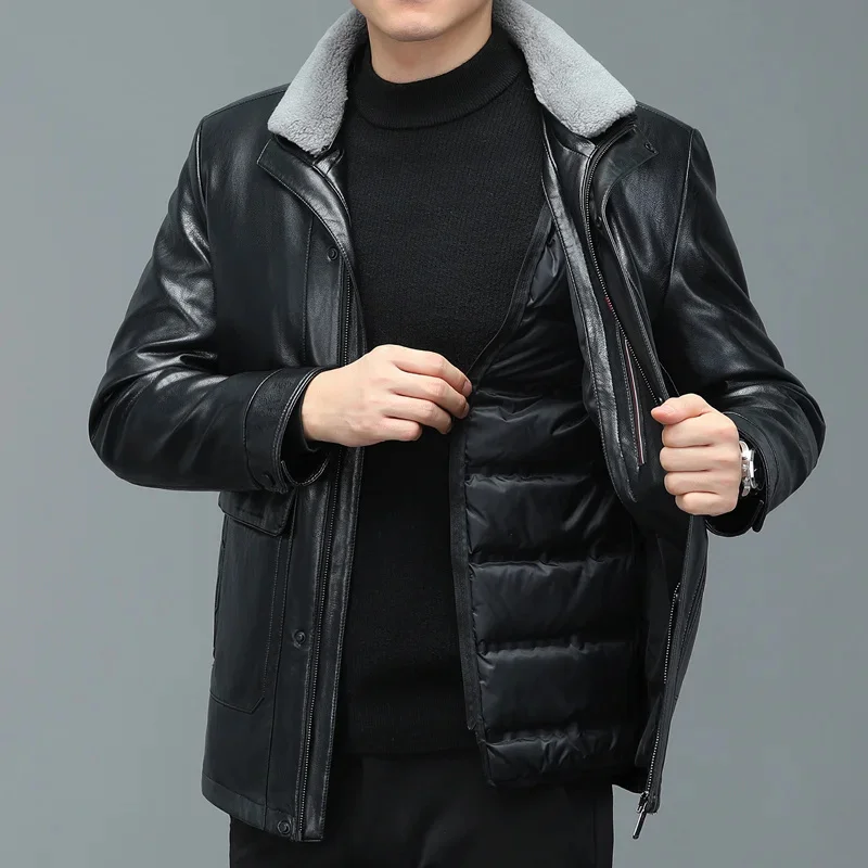 ZDT-8038 Men's Winter New Leather And Fur Integrated Thickened Coat With Lapel Collar Genuine Down Jacket