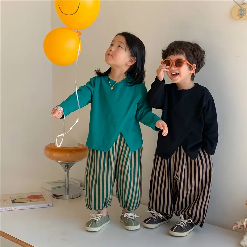 2024 Spring Kids cotton linen loose harem pants Children fashion vertical stripe trousers