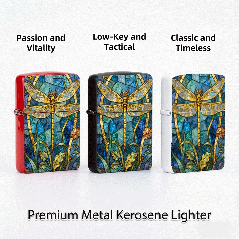 Flip Top Lighter Dragonfly Stained Glass Art Pattern lighters vintage lighters for smokers Decor Style Collectible Hobby Gift