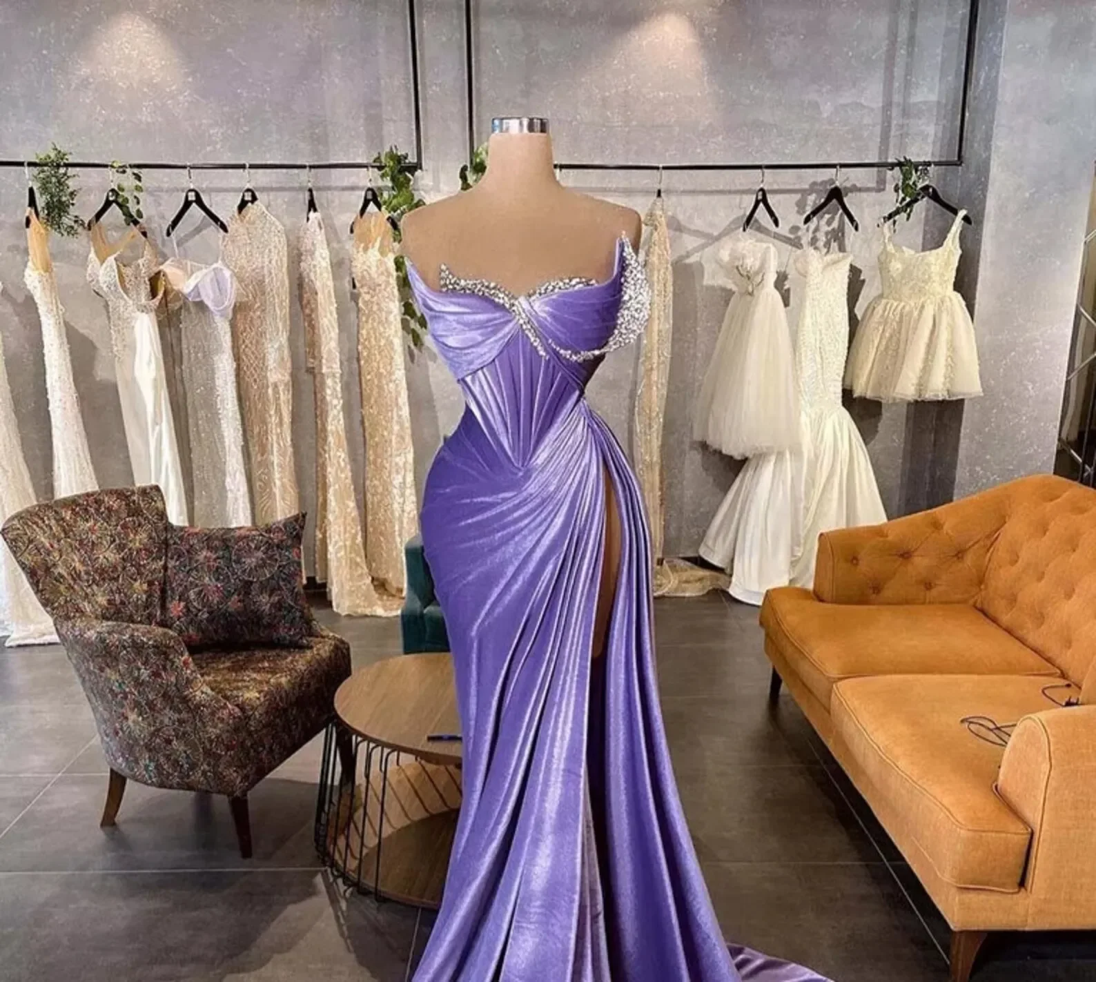 Mulheres Vestidos de Baile de Veludo Lavanda, Vestidos Sereia, Cristais Plissados Brilhantes, Alta Divisão, Sexy, Vestido de Noite Formal, Dubai, Árabe