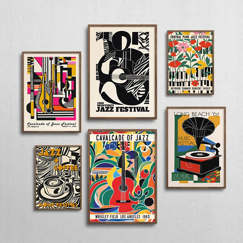 الملونة قسم الموسيقى مهرجان ملصق فني خمر الجاز الغيتار أداة الموسيقى الفصول الدراسية معرض الرسم على لوحات القماش الجدارية