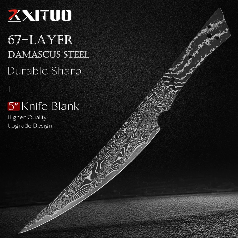 Handmade Damascus Steel Utility Knife Blank Curved Edge Blade Blank with Tang Heat Treated, Sharp, Ready Knife Making Supplies