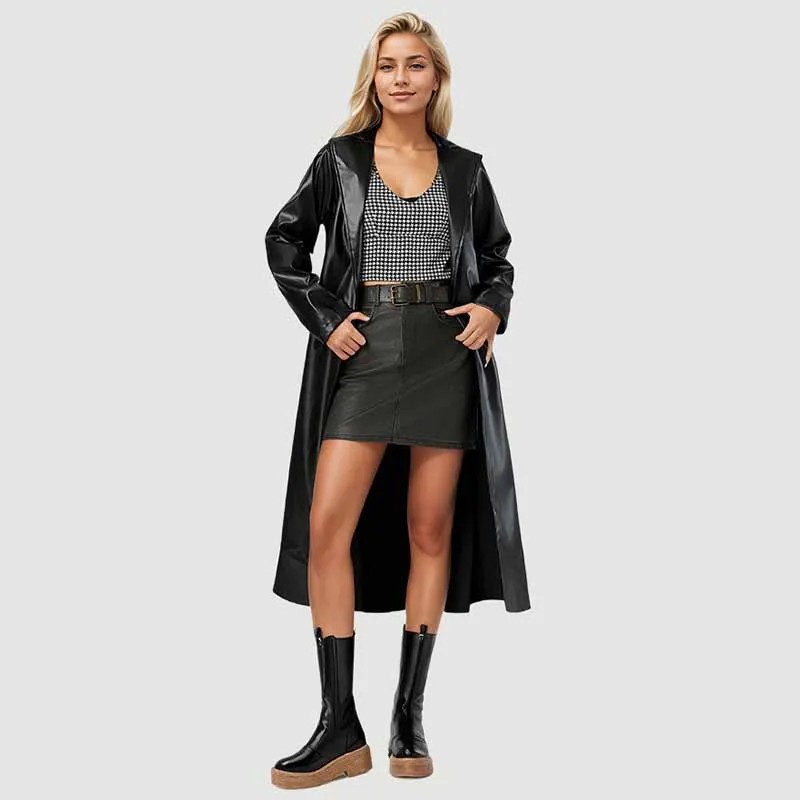 Spring Autumn Long Black Pu Leather Trench Coat Women Streetwear Fashion Belt Turndown Collar Overcoat Temperament Outerwear