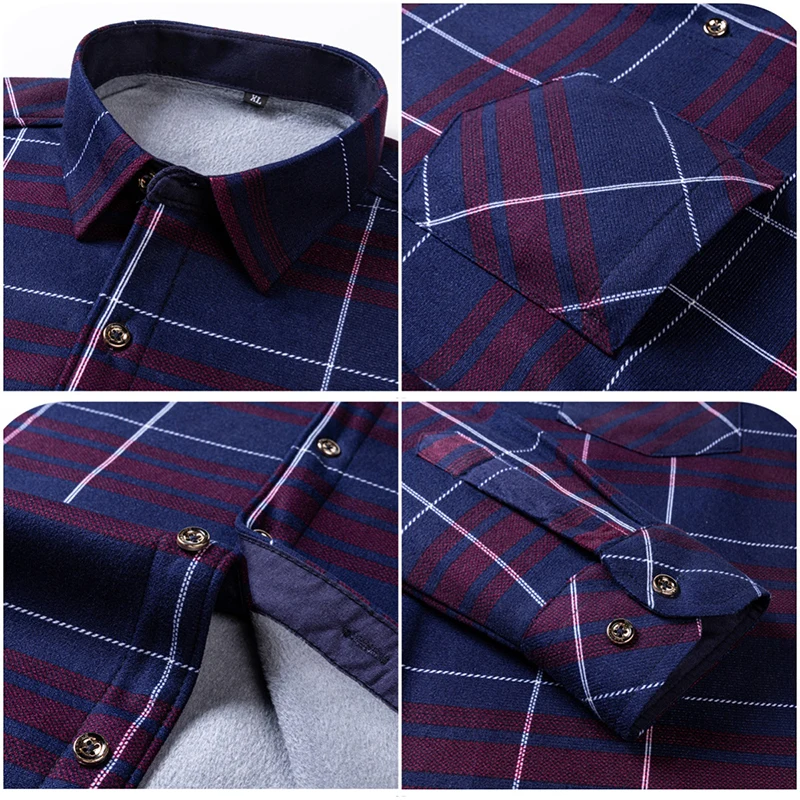 New Men's Thicken Flannel Fur Lined Fashion Shirts Autumn Winter Plus Sized Warm Long Sleeved Plaid Business Casual Slim Clothes