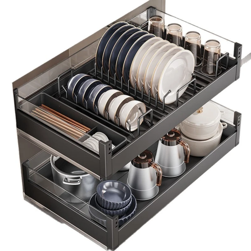 

Kitchen Cabinet Double Drawer Storage Seasoning Basket Dish Basket Snack Cabinet Large Capacity Storage Pull-out Storage Rack